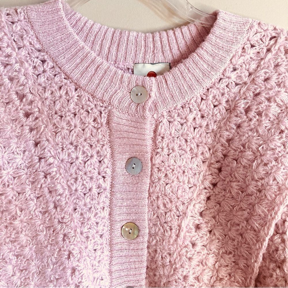 SOLD FARM Rio Pink Flower Texture Knit Cardigan Sweater Button Ruffle Size L - Picture 8 of 16
